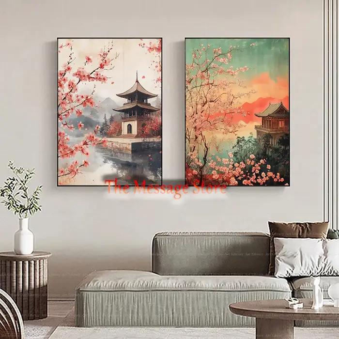 Peinture de paysage printanier inspirée de l'Ukiyo-e rétro