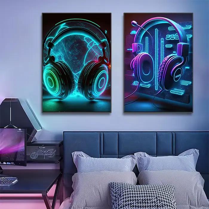 Affiche Pop Néon Punk Années 80 Musique Live DJ Guitare Karaoké Casque Peinture sur Toile Décoration Murale pour la Maison