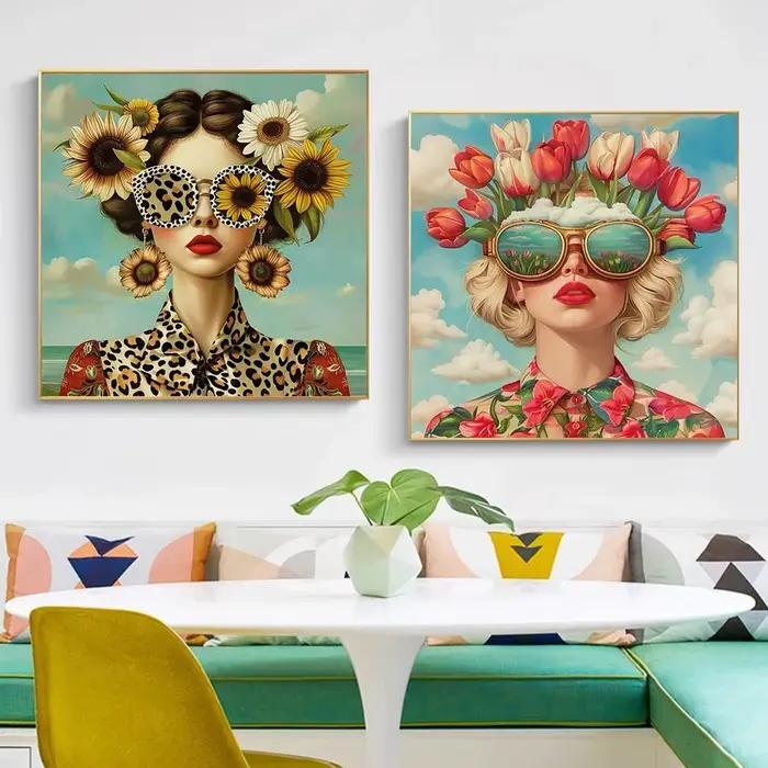 Lunettes femme avec fleurs nordique Boho mur Art toile peinture papillon avec fille Portrait affiche pour salon décor à la maison