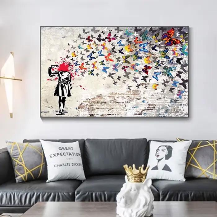 Banksy Art fille avec papillon Graffiti toile peinture rue Art affiche et impressions photos murales pour salon décor à la maison
