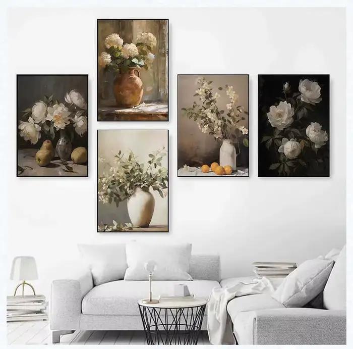 Peinture de fleurs de printemps dans un Vase Vintage, pivoines moody, Rose, affiche Vintage, nature morte, toile d'art imprimée, décor de ferme botanique
