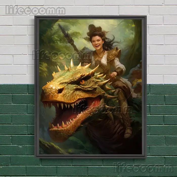 Guerrier féminin chevauchant un Dragon et femme, peinture de démons, toile d'art mural pour dames et monstres, affiche d'art et décor imprimé