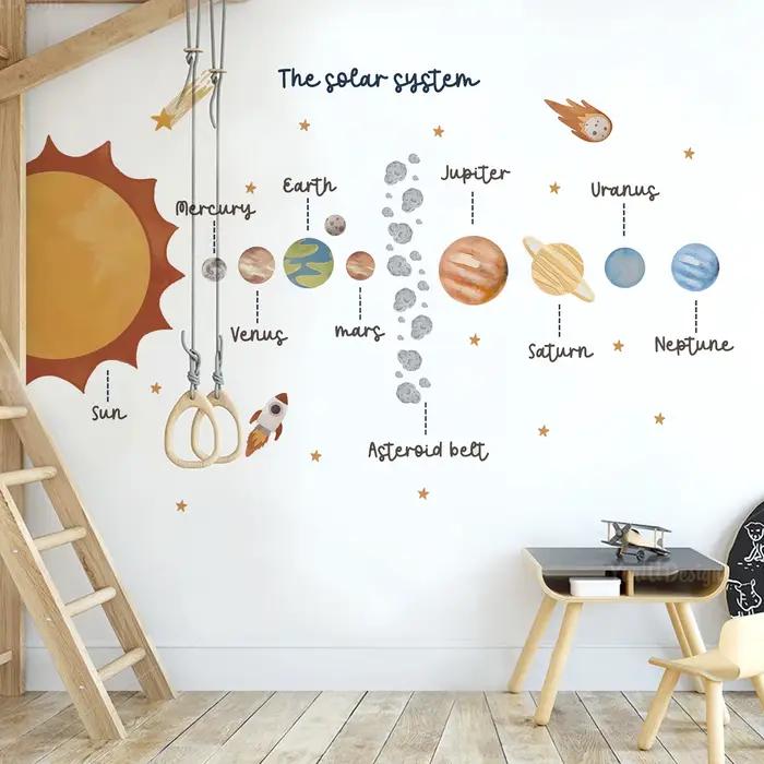 Autocollant mural éducatif de l'espace du système solaire, autocollant en vinyle pour chambre d'enfant, chambre de garçon, compte à rebours, salle de jeux, décoration de salon et de maison