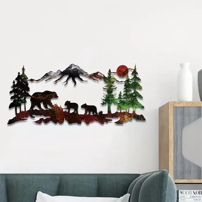 Art mural de montagne de forêt d'ours en métal-peinture de décoration de maison de Silhouette rustique