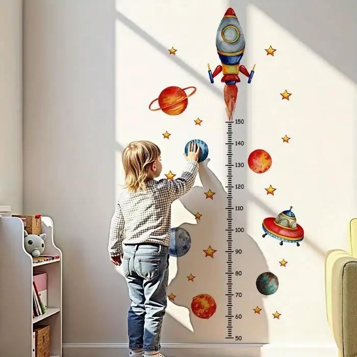 Autocollants muraux pour tableau de croissance des enfants, 2 feuilles – Suivi de la taille et de la longueur amovible avec fusée, planètes, étoiles et règle numérotée
