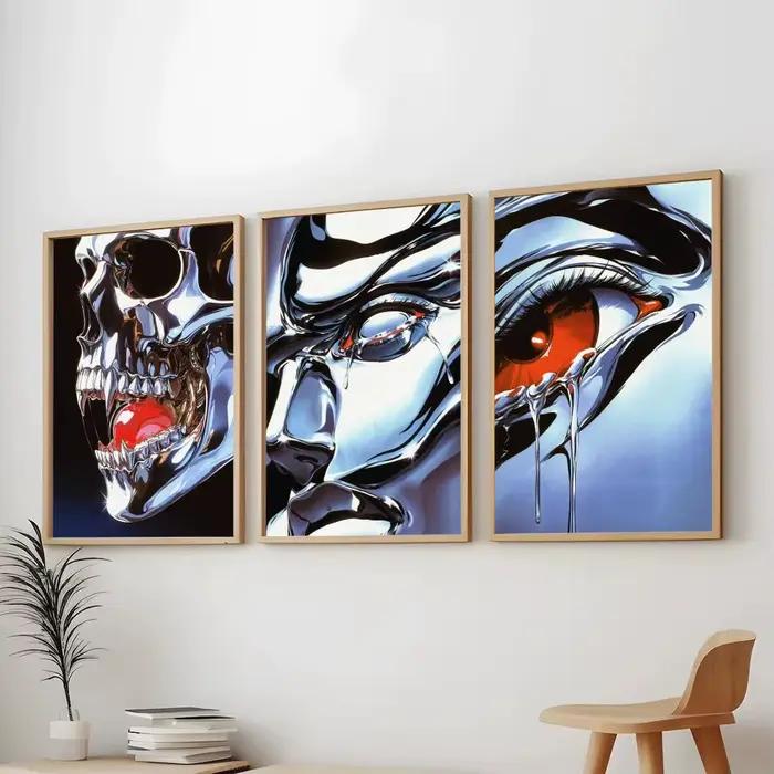 Peinture de style Japandi, couleur argentée brillante, calligraphie, impression sur toile moderne, décoration murale élégante pour chambre à coucher, café, maison, cadeau