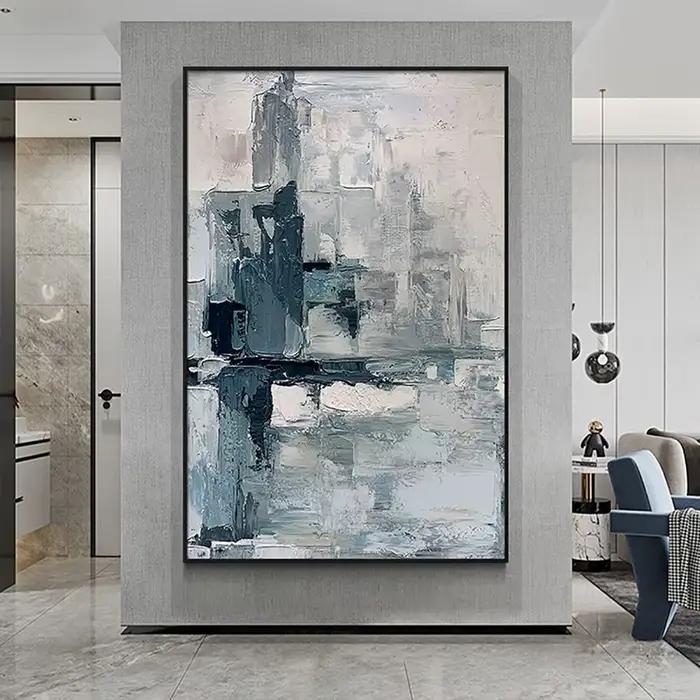 Grande optique peinte à la main Bergame peinture à l'huile bleu abstrait mur Art