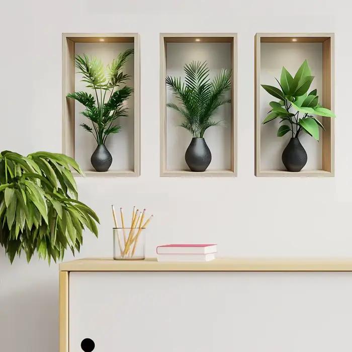 Autocollant Mural plantes vertes, peinture de Simulation murale en pot pour salon, décoration de fond de maison, sparadrap amovibles d'art Mural