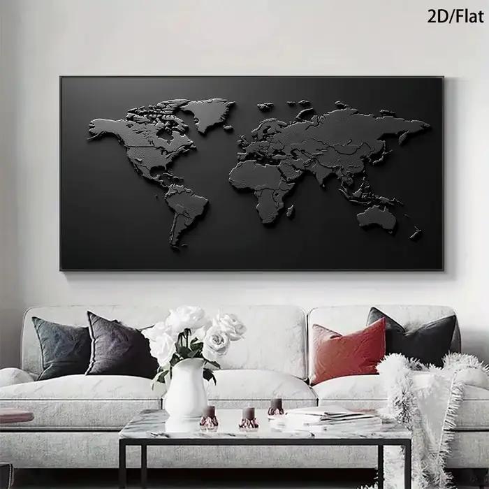 1 Murale abstraite moderne en relief de la carte du monde - Affiche sur toile imprimée noir et blanc pour la décoration