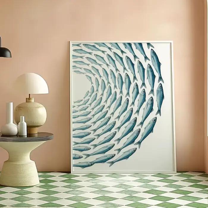 Lot de 2 affiches murales minimalistes d'été sur le thème des sardines