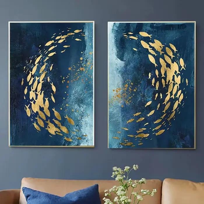 Toile de peinture abstraite de poisson doré et bleu