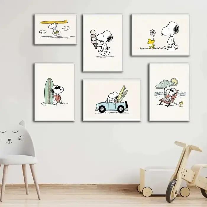 Snoopy plage vacances dessin animé peinture minimaliste nordique mur Art surf affiche amusant toile impression pépinière enfant chambre décor Cuadros
