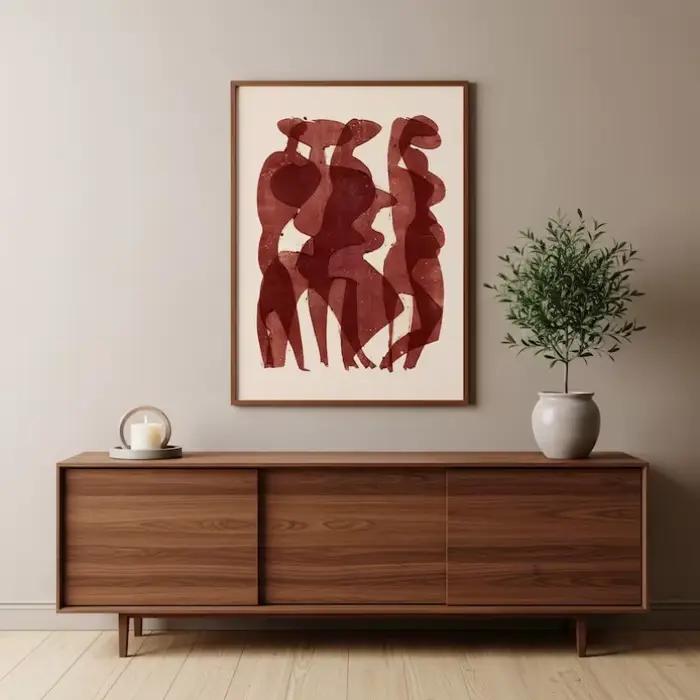 Affiche abstraite contemporaine minimaliste avec des figures rouges