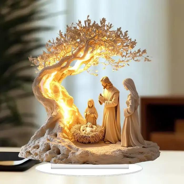 Crèche de table dans un décor de Noël plat en acrylique représente la naissance de Jésus