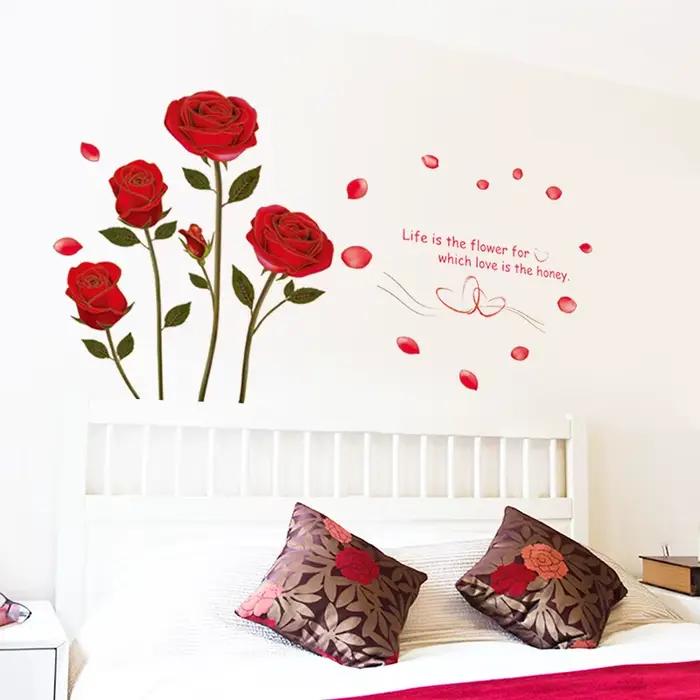 Autocollant mural romantique rose rouge pour chambre à coucher
