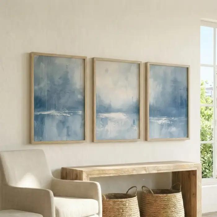 Lot de 3 tableaux muraux abstraits bleu ardoise et blanc