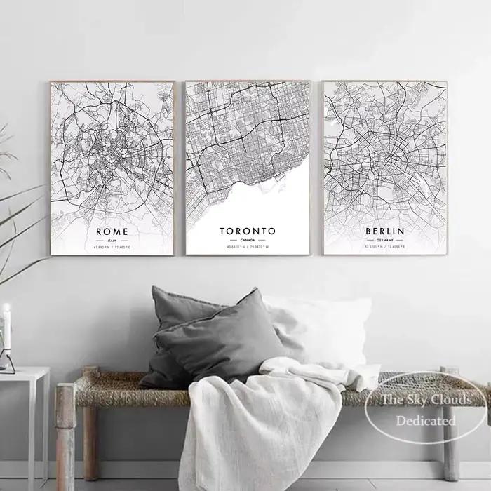 Carte de ville Paris New York toile peinture affiche HD imprimé noir et blanc