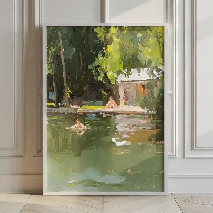 Impressionniste - Décoration murale sur toile - Peinture à l'huile expressive d'une scène au bord du lac avec des