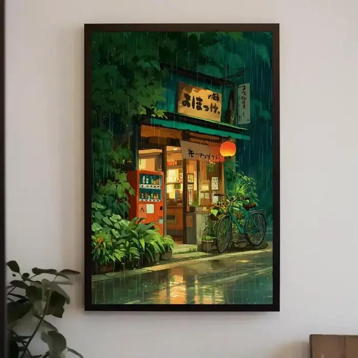 Anime café boutique et vélo toile affiche Ghibli travail