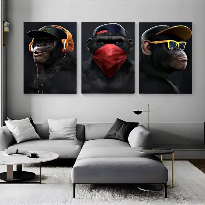 Trois Noir Orang-outan POP Mur Art Toile Affiche Singe Maison Décoration Peinture À L'huile Murale Photo Imprimé Oeuvre