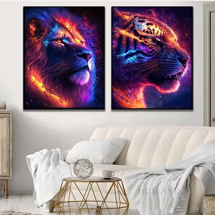 Peinture sur toile de tigre discutant dans l'espace, nébuleuse, affiches et impressions d'art animalier amusantes, art mural, gérer pour salon moderne, décoration d'intérieur