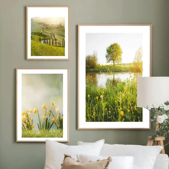 Peinture sur toile murale avec paysage de printemps, fleurs, plantes vertes, affiche d'impression, décoration moderne pour le salon, peinture murale