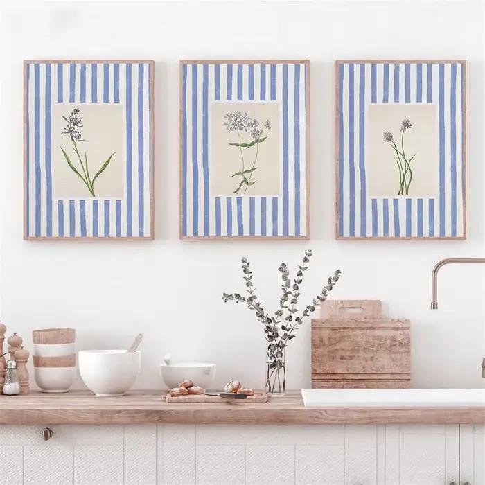 Affiche botanique à rayures bleues et florales roses, peinture sur toile imprimée neutre Cottagecore, tableau d'art mural pour décoration de salon et de maison
