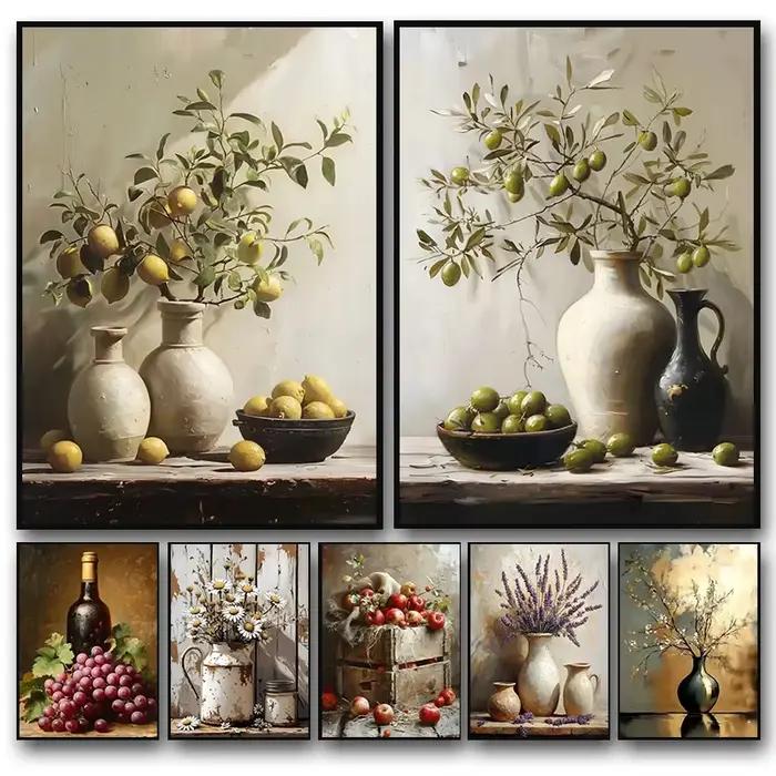 Affiche murale Vintage avec plantes d'olivier citron dans un Vase