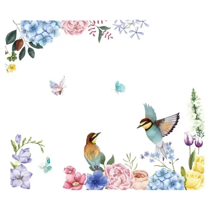 Peinture à l'encre fleurs oiseaux autocollant mural salon fond décoration intérieure papier peint pour verre fenêtres décor maison décalcomanies