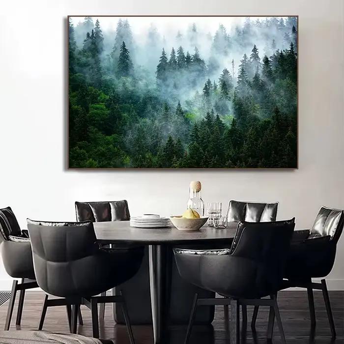 Affiche d'art de paysage de montagne d'arbres fantastiques brumeux de forêt verte moderne, peinture sur toile, imprimés muraux, image pour décoration de chambre et de maison