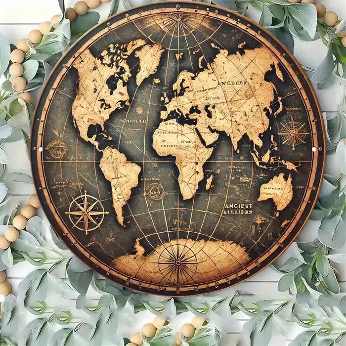 Décoration murale rétro - Tableau décoratif rond en bois avec motif de carte du monde en relief