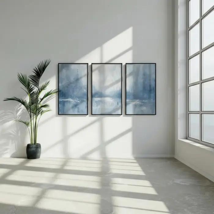 Lot de 3 tableaux muraux abstraits bleu ardoise et blanc