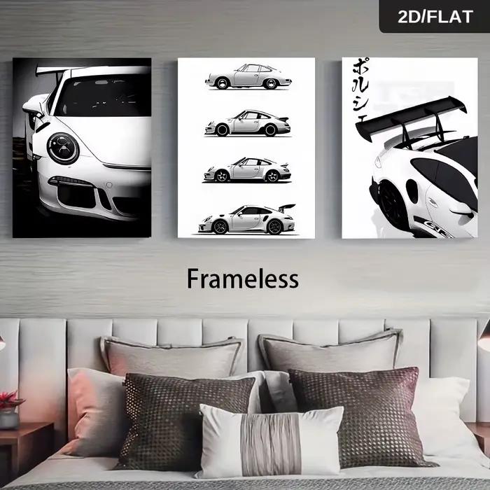 1 ensemble de trois tableaux décoratifs sans cadre de voitures de sport Porsche, affiches de voitures modernes en noir et blanc, design plat 2D.
