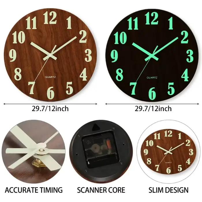 Horloge murale lumineuse en bois nordique de 12 pouces