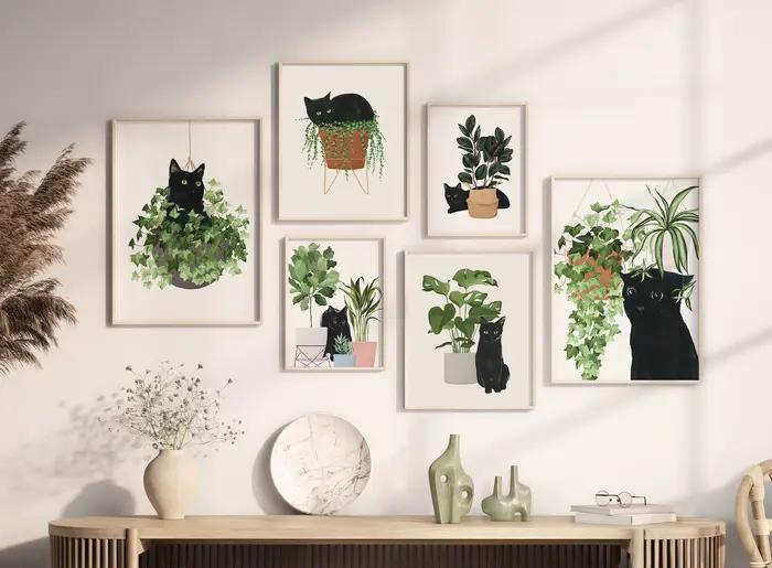 Affiche murale imprimée chat et plante