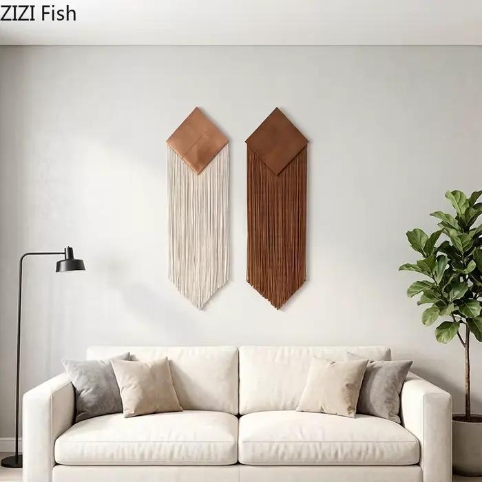 Tapisserie murale bohème en coton tressé avec pompons
