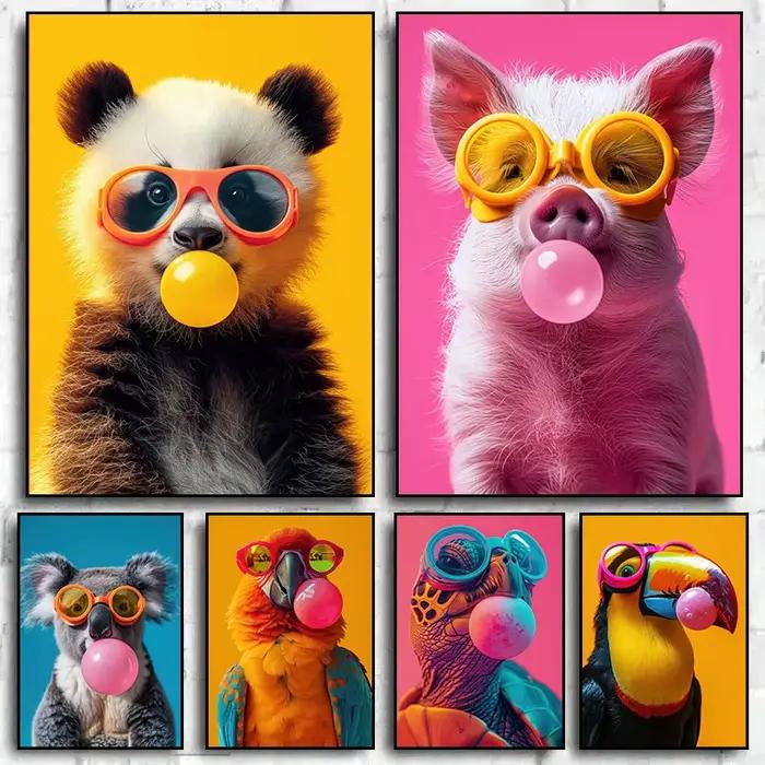 Animaux colorés rose Bubblegum toile impression affiche
