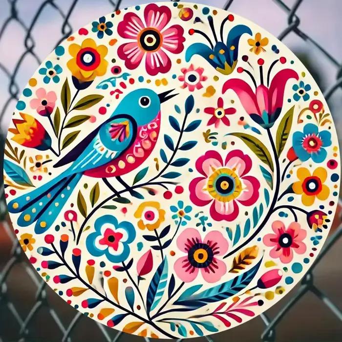 Art mural rond oiseau et fleur coloré 2D | Impression en aluminium