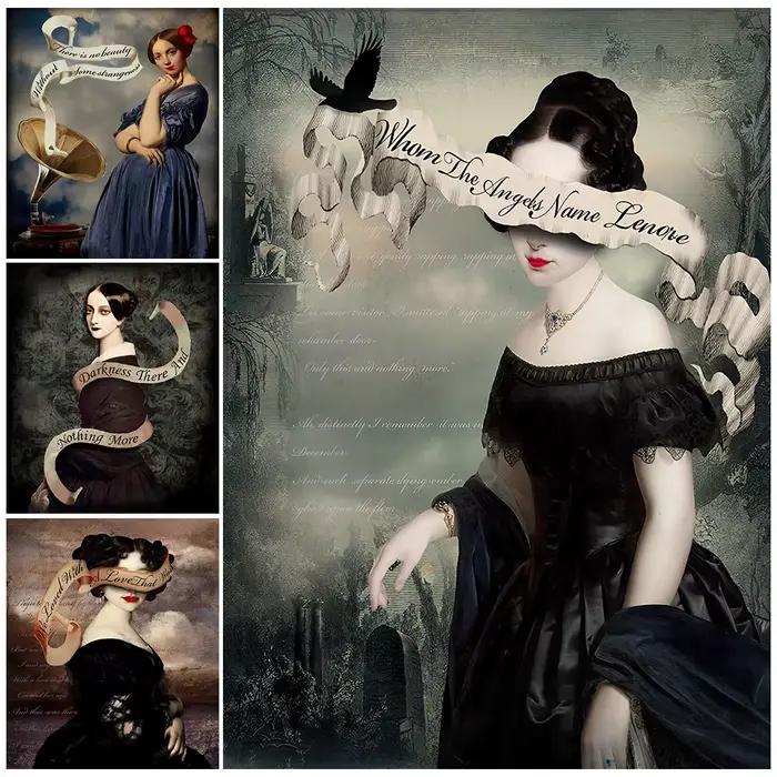Gramophone et corbeau fille victorienne Vintage mur Art toile peinture citation poésie littérature Goth Art affiche imprimer décor à la maison
