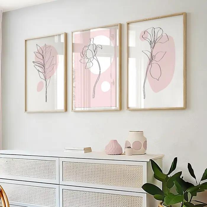 Lot de 3 tableaux muraux botaniques roses – Décoration murale botanique – Affiche d'art linéaire