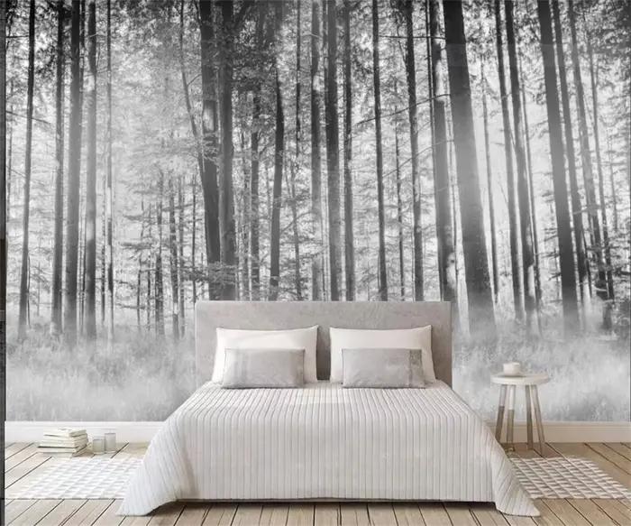 Papier peint personnalisé, peinture à l'huile, art forestier, murale de jungle, décoration intérieure, brouillard forestier, matin de l'aube, décoration murale forestière