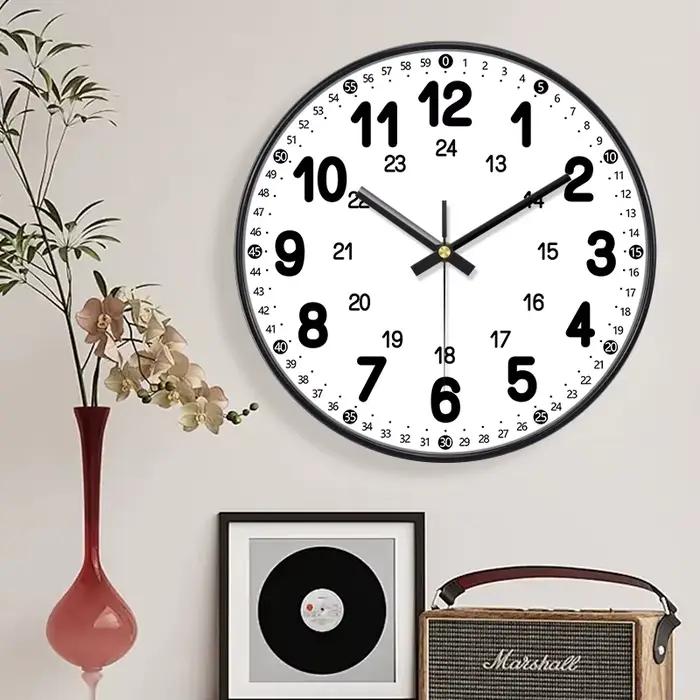 Horloge murale ronde format 24 heures, grand cadran clair, mouvement silencieux, pour salon, chambre, cuisine, bureau, école