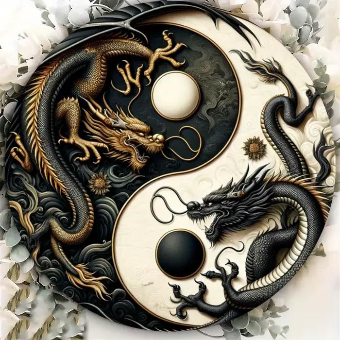 Panneau métallique Dragon chinois Yin-Yang – Art mural Oriental noir et blanc pour la maison