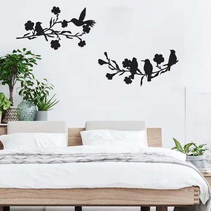 Silhouette d'Oiseaux sur Branche en Métal pour Décoration Murale