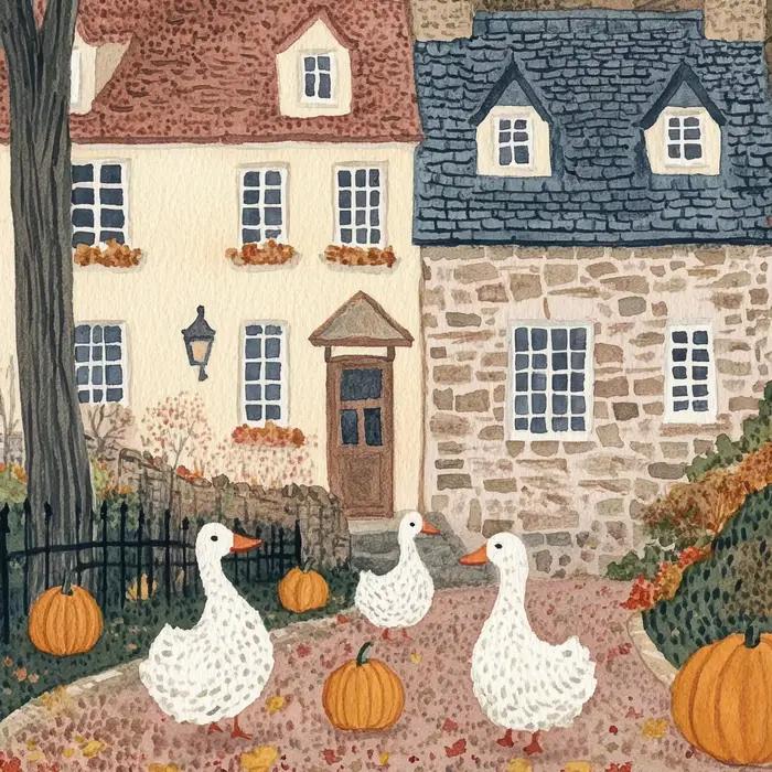 Automne Village impression ferme décor mur Art canard avec citrouille téléchargement numérique
