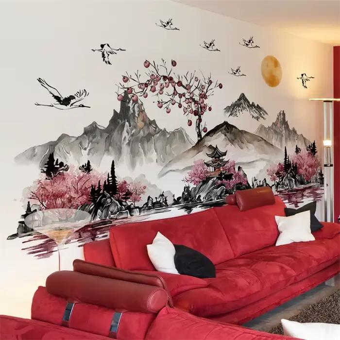 Autocollants muraux grue de peinture de paysage de Style chinois