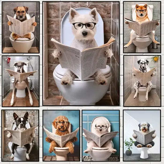 Affiche de journaux de lecture d'animaux assis sur la toilettes