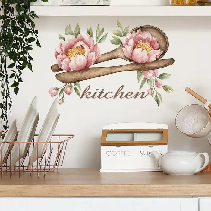 Autocollant mural créatif en forme de cuillère en bois et de fleurs