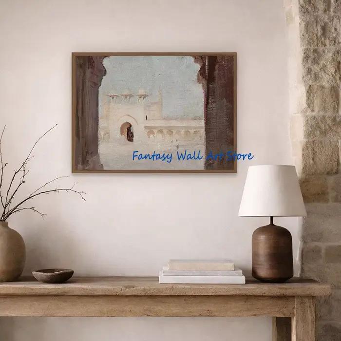 Peinture sur toile vintage de paysage urbain indien antique avec paon et Taj Mahal