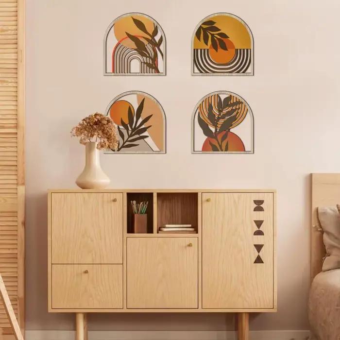 4 Pièces Décoration Murale Ronde en Bois Style Bohème